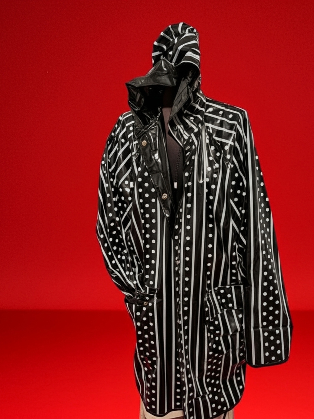 Black & White Reversible & Hooded Raincoat Patch Pockets